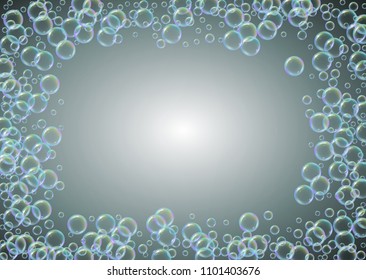 Shampoo bubbles on gradient background. Realistic water bubbles 3d. Cool liquid foam with shampoo bubbles. Horizontal cosmetic flyer and invite. Cleaning soap foam for bath and shower.