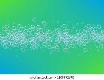 Shampoo bubbles on gradient background. Realistic water bubbles 3d. Cool liquid foam with shampoo bubbles. Horizontal cosmetic flyer and invite. Cleaning soap foam for bath and shower.