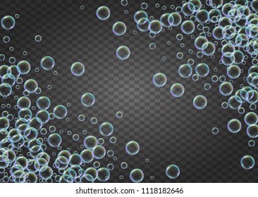 Shampoo bubbles on gradient background. Realistic water bubbles 3d. Cool liquid foam with shampoo bubbles. Horizontal cosmetic flyer and invite. Cleaning soap foam for bath and shower.