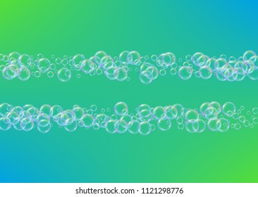 Shampoo bubbles on gradient background. Realistic water bubbles 3d. Cool liquid foam with shampoo bubbles. Horizontal cosmetic flyer and invite. Cleaning soap foam for bath and shower.
