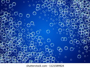 Shampoo bubbles on gradient background. Realistic water bubbles 3d. Cool liquid foam with shampoo bubbles. Horizontal cosmetic flyer and invite. Cleaning soap foam for bath and shower.