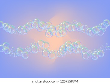 Shampoo bubbles on gradient background. Realistic water bubbles 3d. Cool liquid foam with shampoo bubbles. Horizontal cosmetic flyer and invite. Cleaning soap foam for bath and shower.
