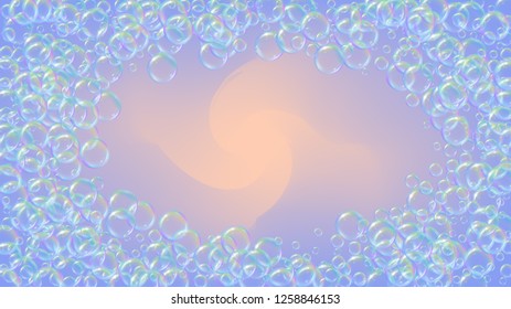 Shampoo bubbles on gradient background. Realistic water bubbles 3d. Cool rainbow colored liquid foam with shampoo bubbles. Cosmetic flyer and invite. Cleaning soap foam for bath and shower.