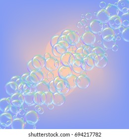 Shampoo bubbles on gradient background. Realistic water bubbles 3d. Cool rainbow colored liquid foam with shampoo. Cosmetic flyer and invite. Cleaning soap foam for bath and shower.