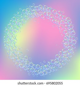 Shampoo bubbles on gradient background. Realistic water bubbles 3d. Cool rainbow colored liquid foam with shampoo. Cosmetic flyer and invite. Cleaning soap foam for bath and shower.