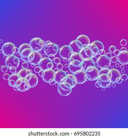 Shampoo bubbles on gradient background. Realistic water bubbles 3d. Cool rainbow colored liquid foam with shampoo. Cosmetic flyer and invite. Cleaning soap foam for bath and shower.