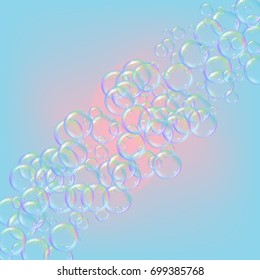 Shampoo bubbles on gradient background. Realistic water bubbles 3d. Cool rainbow colored liquid foam with shampoo. Cosmetic flyer and invite. Cleaning soap foam for bath and shower.