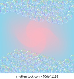 Shampoo bubbles on gradient background. Realistic water bubbles 3d. Cool rainbow colored liquid foam with shampoo. Cosmetic flyer and invite. Cleaning soap foam for bath and shower.