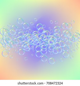 Shampoo bubbles on gradient background. Realistic water bubbles 3d. Cool rainbow colored liquid foam with shampoo. Cosmetic flyer and invite. Cleaning soap foam for bath and shower.