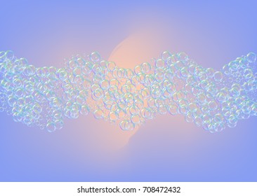 Shampoo bubbles on gradient background. Realistic water bubbles 3d. Cool liquid foam with shampoo bubbles. Horizontal cosmetic flyer and invite. Cleaning soap foam for bath and shower.