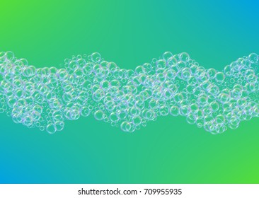 Shampoo bubbles on gradient background. Realistic water bubbles 3d. Cool liquid foam with shampoo bubbles. Horizontal cosmetic flyer and invite. Cleaning soap foam for bath and shower.