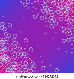 Shampoo bubbles on gradient background. Realistic water bubbles 3d. Cool rainbow colored liquid foam with shampoo. Cosmetic flyer and invite. Cleaning soap foam for bath and shower.