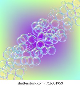 Shampoo bubbles on gradient background. Realistic water bubbles 3d. Cool rainbow colored liquid foam with shampoo. Cosmetic flyer and invite. Cleaning soap foam for bath and shower.