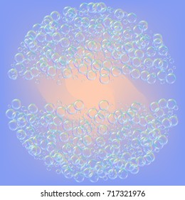 Shampoo bubbles on gradient background. Realistic water bubbles 3d. Cool rainbow colored liquid foam with shampoo. Cosmetic flyer and invite. Cleaning soap foam for bath and shower.