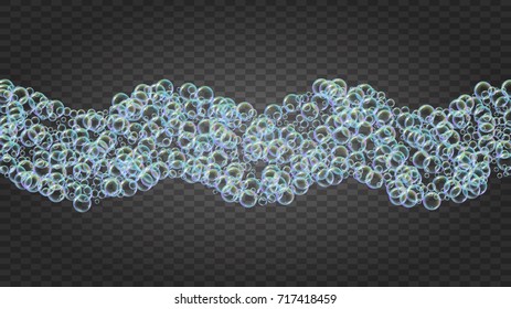 Shampoo bubbles on gradient background. Realistic water bubbles 3d. Cool rainbow colored liquid foam with shampoo bubbles. Cosmetic flyer and invite. Cleaning soap foam for bath and shower.