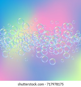 Shampoo bubbles on gradient background. Realistic water bubbles 3d. Cool rainbow colored liquid foam with shampoo. Cosmetic flyer and invite. Cleaning soap foam for bath and shower.