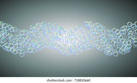 Shampoo bubbles on gradient background. Realistic water bubbles 3d. Cool rainbow colored liquid foam with shampoo bubbles. Cosmetic flyer and invite. Cleaning soap foam for bath and shower.