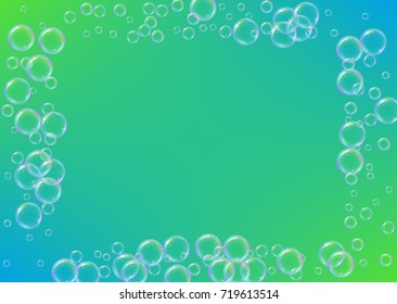 Shampoo bubbles on gradient background. Realistic water bubbles 3d. Cool rainbow colored liquid foam with shampoo bubbles. Cosmetic flyer and invite. Cleaning soap foam for bath and shower.