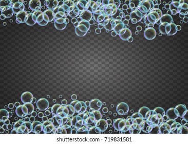 Shampoo bubbles on gradient background. Realistic water bubbles 3d. Cool liquid foam with shampoo bubbles. Horizontal cosmetic flyer and invite. Cleaning soap foam for bath and shower.