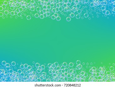 Shampoo bubbles on gradient background. Realistic water bubbles 3d. Cool liquid foam with shampoo bubbles. Horizontal cosmetic flyer and invite. Cleaning soap foam for bath and shower.