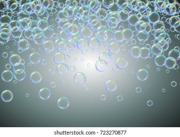 Shampoo bubbles on gradient background. Realistic water bubbles 3d. Cool liquid foam with shampoo bubbles. Horizontal cosmetic flyer and invite. Cleaning soap foam for bath and shower.