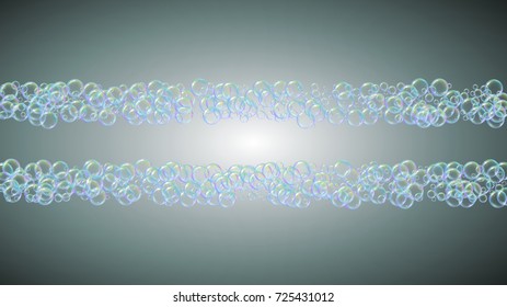 Shampoo bubbles on gradient background. Realistic water bubbles 3d. Cool rainbow colored liquid foam with shampoo bubbles. Cosmetic flyer and invite. Cleaning soap foam for bath and shower.