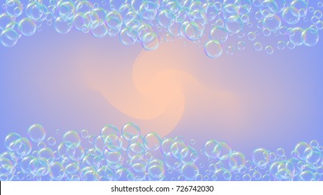Shampoo bubbles on gradient background. Realistic water bubbles 3d. Cool rainbow colored liquid foam with shampoo bubbles. Cosmetic flyer and invite. Cleaning soap foam for bath and shower.