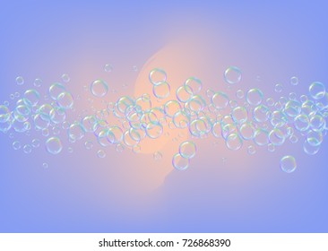 Shampoo bubbles on gradient background. Realistic water bubbles 3d. Cool liquid foam with shampoo bubbles. Horizontal cosmetic flyer and invite. Cleaning soap foam for bath and shower.