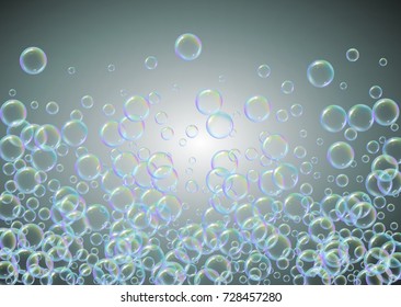 Shampoo bubbles on gradient background. Realistic water bubbles 3d. Cool liquid foam with shampoo bubbles. Horizontal cosmetic flyer and invite. Cleaning soap foam for bath and shower.