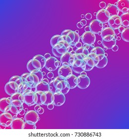 Shampoo bubbles on gradient background. Realistic water bubbles 3d. Cool rainbow colored liquid foam with shampoo. Cosmetic flyer and invite. Cleaning soap foam for bath and shower.