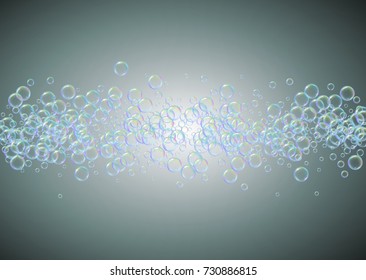 Shampoo bubbles on gradient background. Realistic water bubbles 3d. Cool liquid foam with shampoo bubbles. Horizontal cosmetic flyer and invite. Cleaning soap foam for bath and shower.