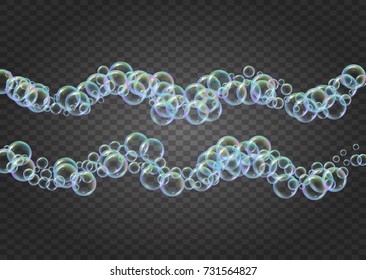 Shampoo bubbles on gradient background. Realistic water bubbles 3d. Cool liquid foam with shampoo bubbles. Horizontal cosmetic flyer and invite. Cleaning soap foam for bath and shower.