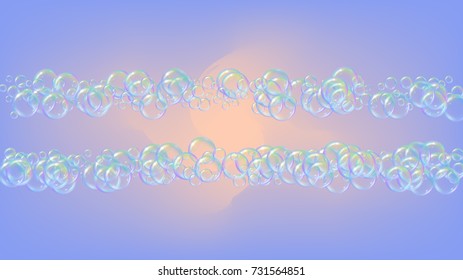 Shampoo bubbles on gradient background. Realistic water bubbles 3d. Cool rainbow colored liquid foam with shampoo bubbles. Cosmetic flyer and invite. Cleaning soap foam for bath and shower.