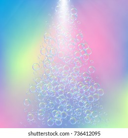 Shampoo bubbles on gradient background. Realistic water bubbles 3d. Cool rainbow colored liquid foam with shampoo. Cosmetic flyer and invite. Cleaning soap foam for bath and shower.