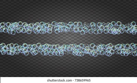 Shampoo bubbles on gradient background. Realistic water bubbles 3d. Cool rainbow colored liquid foam with shampoo bubbles. Cosmetic flyer and invite. Cleaning soap foam for bath and shower.