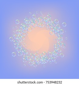 Shampoo bubbles on gradient background. Realistic water bubbles 3d. Cool rainbow colored liquid foam with shampoo. Cosmetic flyer and invite. Cleaning soap foam for bath and shower.