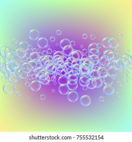 Shampoo bubbles on gradient background. Realistic water bubbles 3d. Cool rainbow colored liquid foam with shampoo. Cosmetic flyer and invite. Cleaning soap foam for bath and shower.