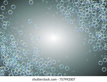 Shampoo bubbles on gradient background. Realistic water bubbles 3d. Cool liquid foam with shampoo bubbles. Horizontal cosmetic flyer and invite. Cleaning soap foam for bath and shower.