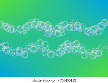 Shampoo bubbles on gradient background. Realistic water bubbles 3d. Cool liquid foam with shampoo bubbles. Horizontal cosmetic flyer and invite. Cleaning soap foam for bath and shower.