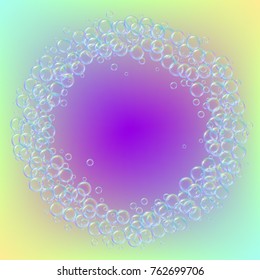 Shampoo bubbles on gradient background. Realistic water bubbles 3d. Cool rainbow colored liquid foam with shampoo. Cosmetic flyer and invite. Cleaning soap foam for bath and shower.
