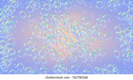 Shampoo bubbles on gradient background. Realistic water bubbles 3d. Cool rainbow colored liquid foam with shampoo bubbles. Cosmetic flyer and invite. Cleaning soap foam for bath and shower.