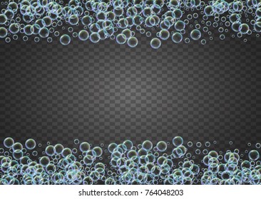 Shampoo bubbles on gradient background. Realistic water bubbles 3d. Cool liquid foam with shampoo bubbles. Horizontal cosmetic flyer and invite. Cleaning soap foam for bath and shower.