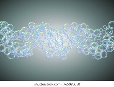 Shampoo bubbles on gradient background. Realistic water bubbles 3d. Cool liquid foam with shampoo bubbles. Horizontal cosmetic flyer and invite. Cleaning soap foam for bath and shower.