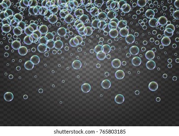 Shampoo bubbles on gradient background. Realistic water bubbles 3d. Cool liquid foam with shampoo bubbles. Horizontal cosmetic flyer and invite. Cleaning soap foam for bath and shower.