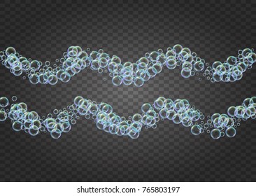 Shampoo bubbles on gradient background. Realistic water bubbles 3d. Cool liquid foam with shampoo bubbles. Horizontal cosmetic flyer and invite. Cleaning soap foam for bath and shower.