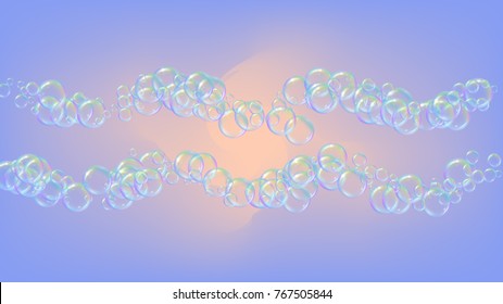 Shampoo bubbles on gradient background. Realistic water bubbles 3d. Cool rainbow colored liquid foam with shampoo bubbles. Cosmetic flyer and invite. Cleaning soap foam for bath and shower.