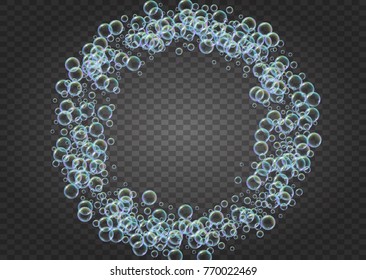 Shampoo bubbles on gradient background. Realistic water bubbles 3d. Cool liquid foam with shampoo bubbles. Horizontal cosmetic flyer and invite. Cleaning soap foam for bath and shower.