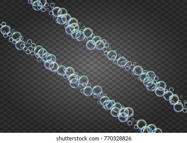 Shampoo bubbles on gradient background. Realistic water bubbles 3d. Cool liquid foam with shampoo bubbles. Horizontal cosmetic flyer and invite. Cleaning soap foam for bath and shower.