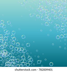 Shampoo bubbles on gradient background. Realistic water bubbles 3d. Cool rainbow colored liquid foam with shampoo. Cosmetic flyer and invite. Cleaning soap foam for bath and shower.
