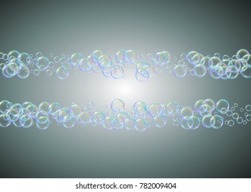 Shampoo bubbles on gradient background. Realistic water bubbles 3d. Cool liquid foam with shampoo bubbles. Horizontal cosmetic flyer and invite. Cleaning soap foam for bath and shower.
